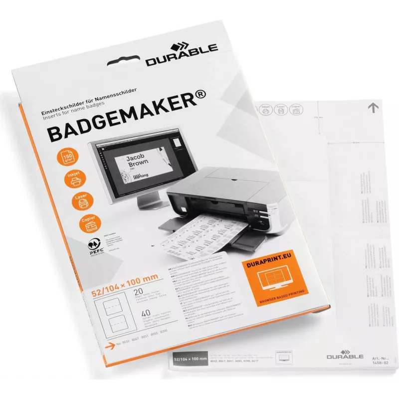 DURABLE BADGEMAKER įdėklo etiketės 52 x 100 mm, baltos, 100 vienetų 145802