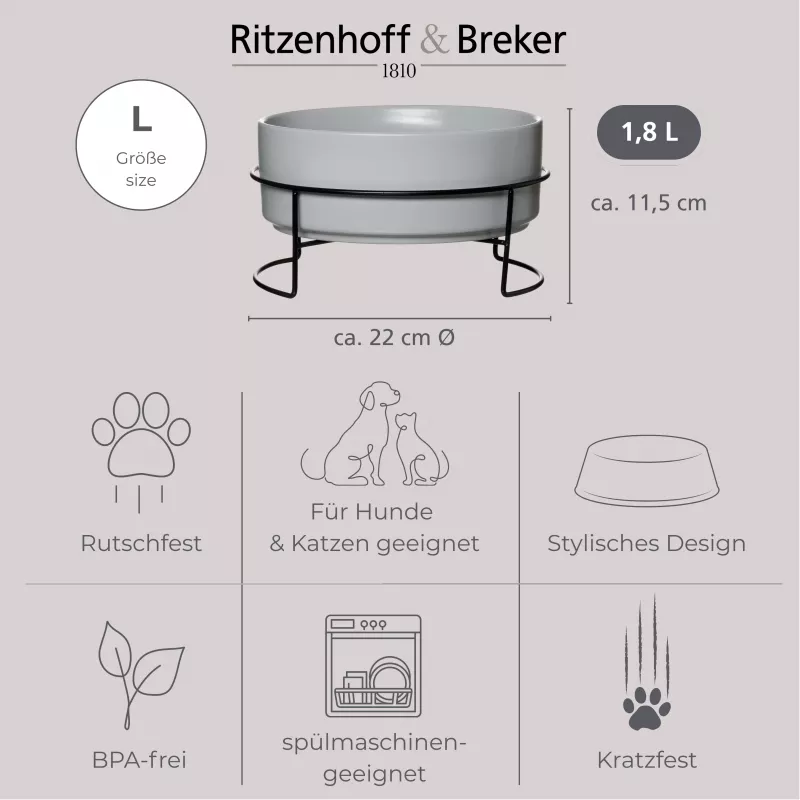 Ritzenhoff & Breker TARO gyvūnų dubenėlių rinkinys 1,8L pilkas akmens masės keramikos 450484