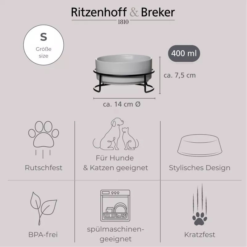 Ritzenhoff & Breker TARO gyvūnų dubenėlių rinkinys, 400 ml, pilkas akmens masės keramikos dubuo katėms ir mažiems šunims, vandeniui ir maistui, 1 vnt. (450514)