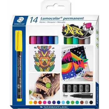 Staedtler Lumocolor Permanent Marker Set 317 C14 - 14 skirtingų spalvų, plonas antgalis 0,6 mm