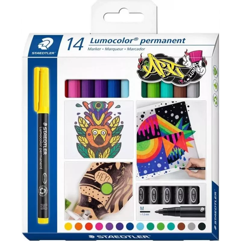Staedtler Lumocolor Permanent Marker Set 317 C14 - 14 skirtingų spalvų, plonas antgalis 0,6 mm