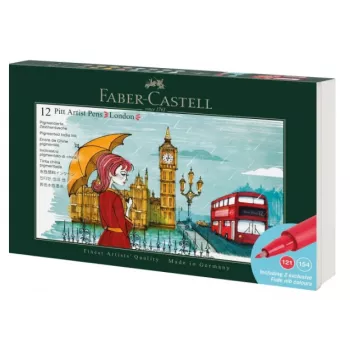 Faber-Castell PITT Artist Pen rinkinys, 12 spalvų, London Edition, pigmentuoti India Ink rašalai, lankstus teptuko antgalis, didelis šviesos atsparumas, atsparūs vandeniui, metalinė dėžutė 267137