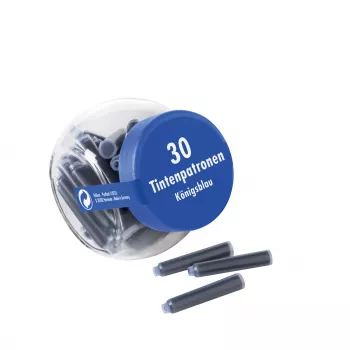 Pelikan 4001 standartinės tarptautinės trumpos rašalinės kasetės, karališkai mėlynos, trinamos ir nuplaunamos, 30 kasečių stikliniame indelyje 300003745