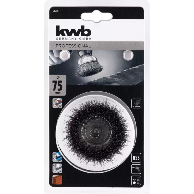 kwb vielinis puodelinis šepetys 75 mm, 0,2 mm gofruotas plienas, 6 mm kotas metalui ir akmeniui 606310