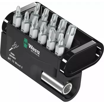 Wera Bit-Check BC 12 Wood 2 atsuktuvų antgalių rinkinys, 12 dalių, 1/4 colio šešiabriaunis, 25 mm antgaliai, BiTorsion, PH/PZ/TX 05057422001