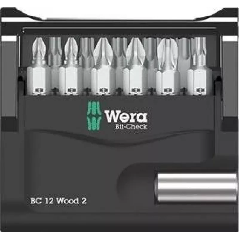 Wera Bit-Check BC 12 Wood 2 atsuktuvų antgalių rinkinys, 12 dalių, 1/4 colio šešiabriaunis, 25 mm antgaliai, BiTorsion, PH/PZ/TX 05057422001