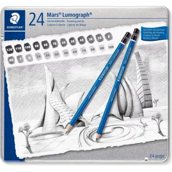 STAEDTLER Mars Lumograph 100 G24 piešimo pieštukų rinkinys, 24 skirtingo kietumo, metalinėje dėžutėje, mėlyni šešiakampiai