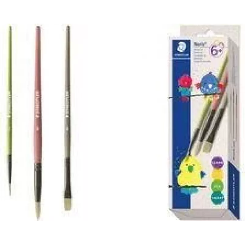 STAEDTLER Noris sintetinių teptukų rinkinys, 3 vnt., įvairių spalvų, perdirbto plastiko rankenos, metalinės įvorės (989R-S BK3)