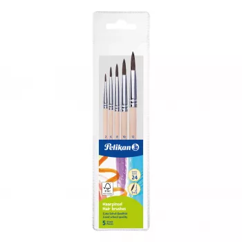 Pelikan Starter Brush Set, 5 dalių natūralių plaukų teptukų rinkinys su medinėmis rankenomis, permatomame dėkle 300008264