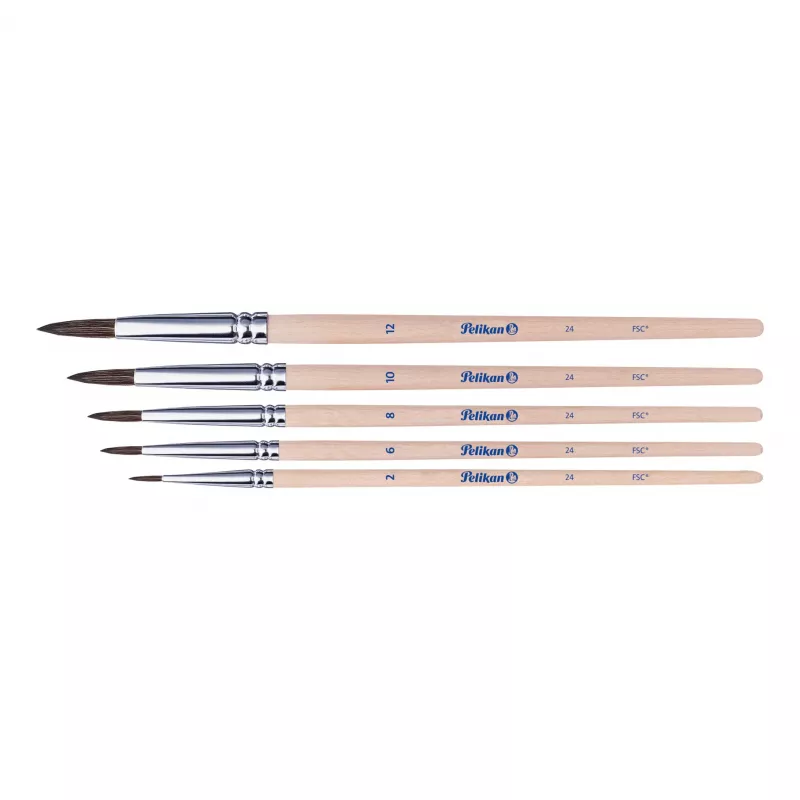 Pelikan Starter Brush Set, 5 dalių natūralių plaukų teptukų rinkinys su medinėmis rankenomis, permatomame dėkle 300008264