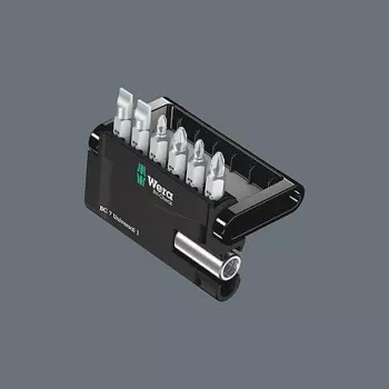 Wera 05073406001 nerūdijančio plieno atsuktuvų antgalių rinkinys, 7 dalių, Phillips PH1/PH2, Pozidriv PZ1/PZ2, plyšinis 1,0x5,5, Hex-Plus 4/5 mm, 1/4 colio šešiabriaunis kotas, 25 mm ilgio