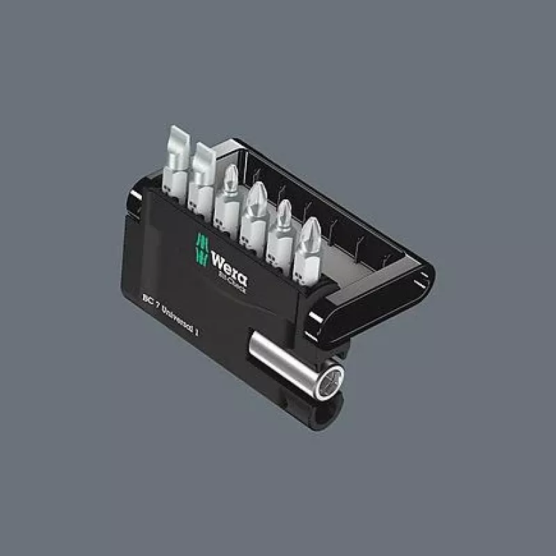 Wera 05073406001 nerūdijančio plieno atsuktuvų antgalių rinkinys, 7 dalių, Phillips PH1/PH2, Pozidriv PZ1/PZ2, plyšinis 1,0x5,5, Hex-Plus 4/5 mm, 1/4 colio šešiabriaunis kotas, 25 mm ilgio