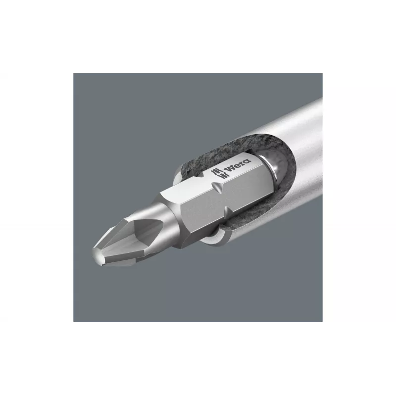 Wera 05073406001 nerūdijančio plieno atsuktuvų antgalių rinkinys, 7 dalių, Phillips PH1/PH2, Pozidriv PZ1/PZ2, plyšinis 1,0x5,5, Hex-Plus 4/5 mm, 1/4 colio šešiabriaunis kotas, 25 mm ilgio