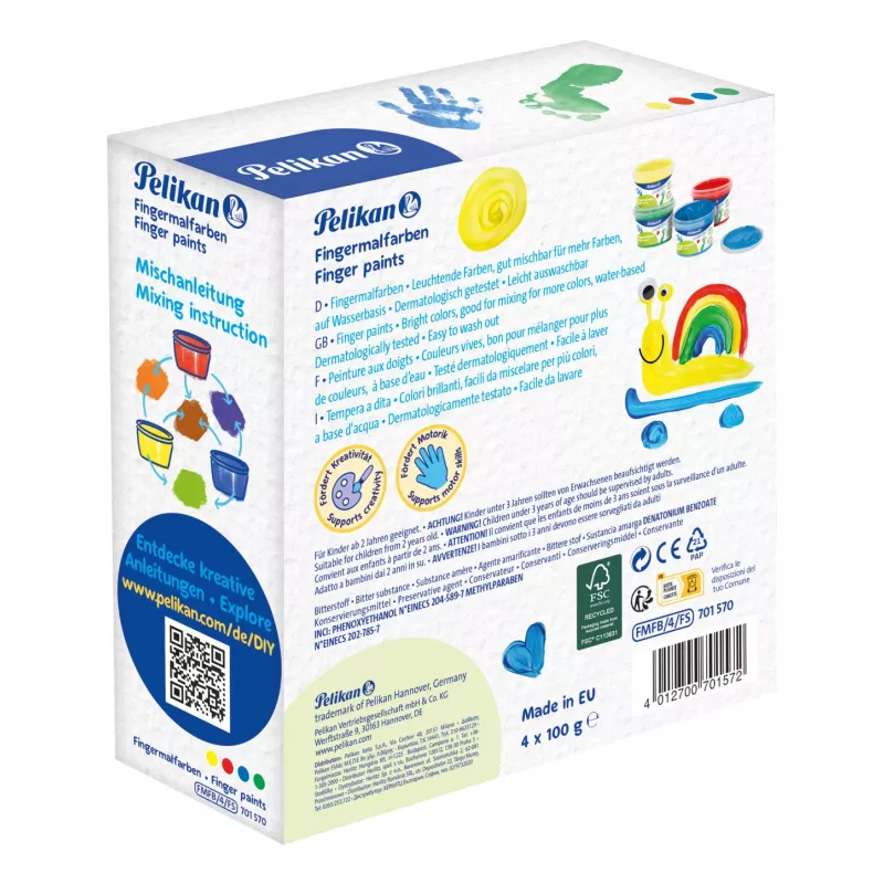 Pelikan Finger Paint Basic Colours pirštų dažai, 4 vnt. rinkinys, vandeniniai, dermatologiškai testuoti, lengvai nuplaunami - 1 vnt. (701570)