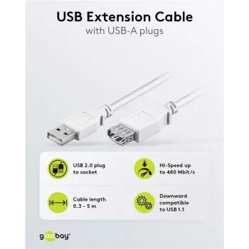 Wentronic USB 2.0 A male to female prailginimo kabelis, 5 m, baltas, 96288