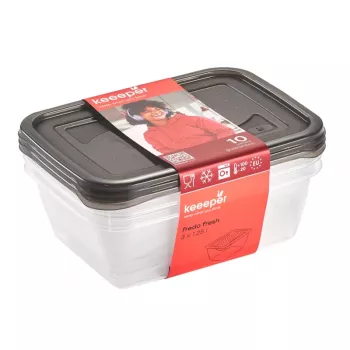 keeeper fredo fresh maisto laikymo indų rinkinys, 3x 1,25 L, stačiakampiai, permatomu pagrindu ir pilku dangteliu 3067582700000