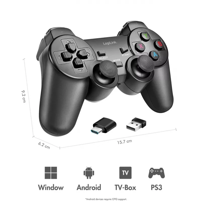 LogiLink AA0187 belaidis žaidimų pultas 2,4 GHz juodas, 8 m ryšio atstumas, PC, Android, PS3
