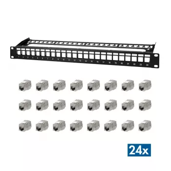 LogiLink PrimeLine 24 prievadų ekranuotas Cat.6A Keystone patch panelis, 19 colio 1U, juodas (RAL9005), 24x Keystone moduliai pridėti NK5001