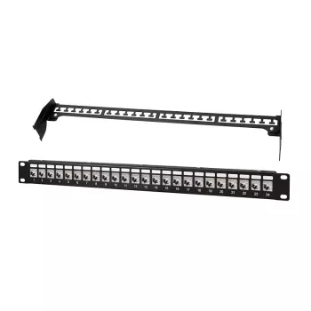LogiLink PrimeLine 24 prievadų ekranuotas Cat.6A Keystone patch panelis, 19 colio 1U, juodas (RAL9005), 24x Keystone moduliai pridėti NK5001