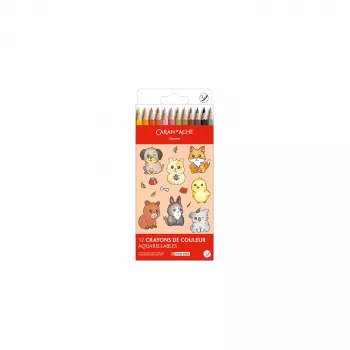 CARAN D'ACHE Swisscolor Kawaii Animals akvareliniai spalvoti pieštukai, 12 vienetų rinkinys, kedro mediena, šešiakampiai 1285.803