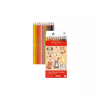 CARAN D'ACHE Swisscolor Kawaii Animals akvareliniai spalvoti pieštukai, 12 vienetų rinkinys, kedro mediena, šešiakampiai 1285.803