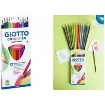 GIOTTO COLORS 3.0 ACQUARELL akvareliniai pieštukai, 12 spalvų rinkinys, šešiakampiai, 3,0 mm šerdis, kartoninė dėžutė (F277100)