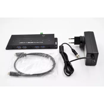 EXSYS EX-1247HMVS 7 prievadų USB 3.2 Gen 2 pramoninis šakotuvas su DIN bėgio laikikliu