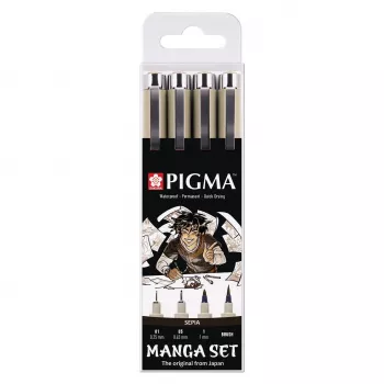 SAKURA Pigma Micron Manga Set Sepia 4 dalių plonasraigčių ir teptuko rašiklių rinkinys daugkartiniame dėkle POXSDKMAN4