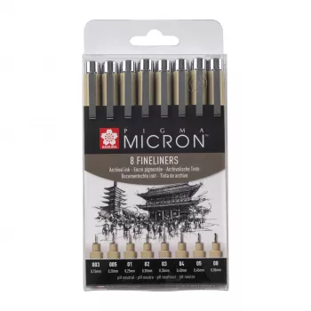SAKURA Pigma Micron Fineliner rašiklių rinkinys, 8 vnt., juodas, įvairūs antgaliai nuo 0,15 mm iki teptuko POXSDK8