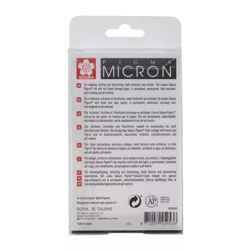 SAKURA Pigma Micron Fineliner rašiklių rinkinys, 8 vnt., juodas, įvairūs antgaliai nuo 0,15 mm iki teptuko POXSDK8