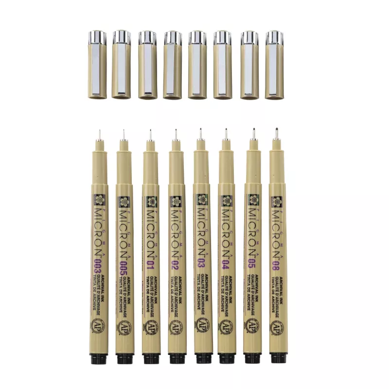 SAKURA Pigma Micron Fineliner rašiklių rinkinys, 8 vnt., juodas, įvairūs antgaliai nuo 0,15 mm iki teptuko POXSDK8
