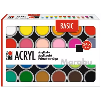 Marabu akrilinių dažų rinkinys BASIC, 24 x 18 ml, didelis pigmentavimas, labai didelis atsparumas šviesai 1210000000215