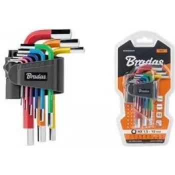 Bradas 9 dalių šešiabriaunių raktų rinkinys, S2 plienas, įvairiaspalvis, metriniai 1,5-10mm, L formos, spalvomis koduoti, DIY-HKH42-SH/B