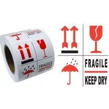 RILLPRINT 76900 Įspėjamieji lipdukai FRAGILE / KEEP DRY, nuolatiniai klijai, balti/raudoni/juodi, 74x105mm, 500 lipdukų ritinyje