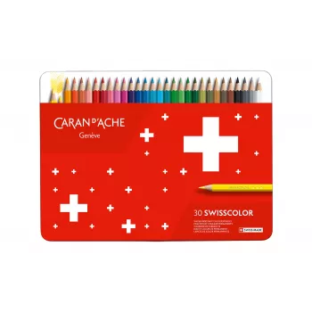 CARAN D'ACHE Swisscolor akvareliniai spalvoti pieštukai, 30 spalvų rinkinys, kedro medienos, šešiakampiai, metalinė dėžutė 1284.730