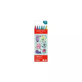 CARAN D'ACHE Fibralo Kawaii Monsters flomasteriai, 6 vnt. rinkinys, vandeniniai dažai, tirpūs vandenyje, sausi arba šlapi (185.801)