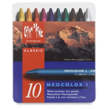 Caran d'Ache Neocolor I vaškinės pastelės, 10 vienetų rinkinys, apvalios, popieriniais įvyniojimais, homogeniškos spalvos 7000.310