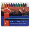 Caran d'Ache Neocolor I vaškinės pastelės, 15 spalvų rinkinys, apvalios, popieriniu įvyniojimu, metalinė dėžutė 7000.315