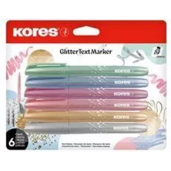 Kores Glitter žymeklių rinkinys, 3–5 mm kūginis antgalis, 6 blizgios spalvos, vandeniniai rašalai, greitai džiūstantys, nesitepantys, ventiliuojamas dangtelis, netoksiški TM36300
