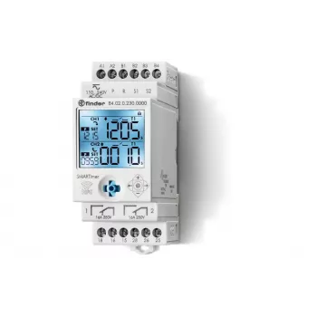 Finder daugiafunkcinė laiko relė 110-240V AC/DC, 16A, 19 funkcijų, 2 CO, DIN bėgiui 840202300000