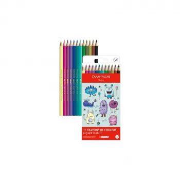 Caran d'Ache Swisscolor Kawaii Monsters vandenyje tirpūs spalvoti pieštukai, 12 vnt. rinkinys, šešiakampiai kedro medienos 1285.801