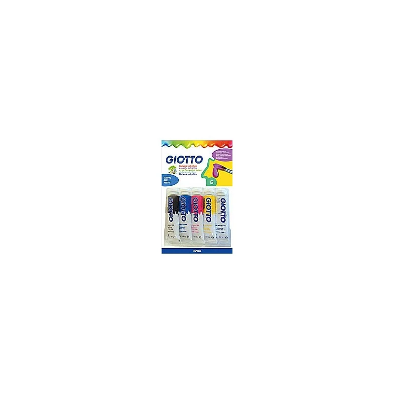 GIOTTO Extra Fine guašo dažų rinkinys, 5 x 10 ml aliuminio tūbelės, įvairios spalvos (balta, pagrindinė geltona, pagrindinė raudona, pagrindinė mėlyna, juoda) F65440000