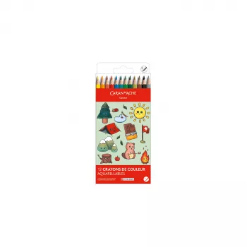 Caran d'Ache Swisscolor Kawaii Swiss akvareliniai spalvoti pieštukai, 12 dalių rinkinys, kedro mediena, šešiakampiai 1285.804