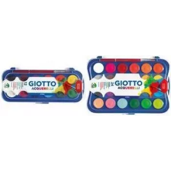 GIOTTO nepermatomų akvarelės dažų rinkinys, 12 spalvų, 30 mm kivetės, didelis dengiamumas, plastikinis dėklas, su teptuku (F351200)