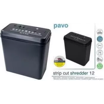 PAVO strip-cut dokumentų smulkintuvas, 12 lapų, 6 mm juostelės, 220 mm įvadas, 18 L talpa, juodas (8000784)