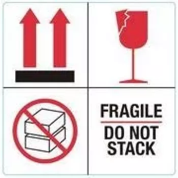 RILLPRINT 76930 FRAGILE / DO NOT STACK įspėjamieji lipdukai, nuolatinis klijavimas, popierius, balti/raudoni/juodi, 100 x 50 mm, 500 lipdukų rulone