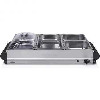 Tristar BP-6285 Buffet Server – 3 x 2,5 L nerūdijančio plieno šildymo indai, 300 W, reguliuojamas termostatas, permatomi dangčiai, neslystantys pagaliukai