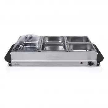 Tristar BP-6285 Buffet Server – 3 x 2,5 L nerūdijančio plieno šildymo indai, 300 W, reguliuojamas termostatas, permatomi dangčiai, neslystantys pagaliukai