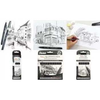 PentelArts Permanent Fineliner Pointliner 8 dalių rinkinys, juodas, 0,03 mm–0,8 mm + teptukas YS20P-8