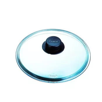 PYREX stiklinis dangtis 24 cm, borosilikatinis stiklas, juoda fenolinė rankena, garų išleidimo anga, atsparus orkaitei iki 220°C
